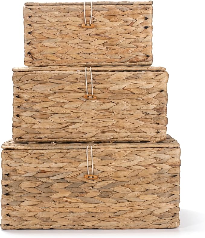3 Pack Wicker Storage Basket with Lid, Water Hyacinth Baskets, Woven Basket for Shlef, Decorative Storage Boxes for Organizing