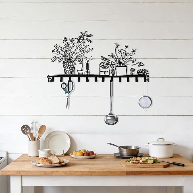 Black Large Metal Rack Wall Mount, Decorative Wall Hanger with 12 Hooks for Coat, Hat, Bag, Car Key, Unique Wall Hooks for Entryway, Front Door, Bathroom, Kitchen, Office, Home Organization