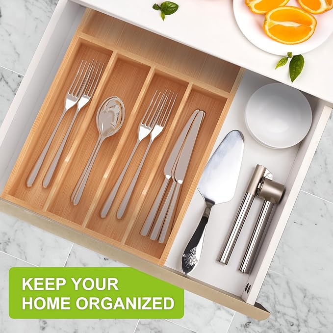 Bamboo Utensil Drawer Organizer with flexible dividers, Kitchen Organizer for Flatware Cutlery, Silverware Tray for Drawer (Natural, 10 x 16 Inch (6 Slots))