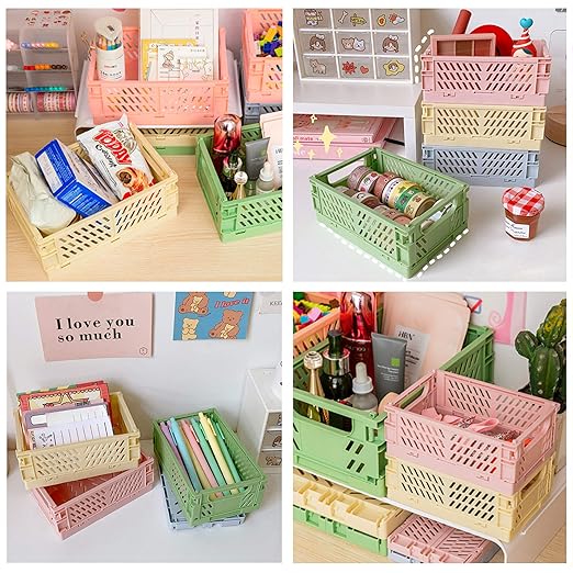 4-Pack Mini Baskets Plastic for Shelf Home Kitchen Storage Bin Organizer, Stacking Folding Storage Baskets for Classroom Bedroom Bathroom Office (5.9 x 3.8 x 2.2)