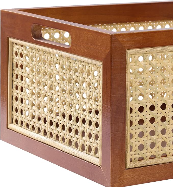 Rattan Storage Basket Large Handmade Woven Storage Bin for Organizing Decorative Wooden Box for Rustic Farmhouse Decor Home Office Tabletop Shelf Organizer, 13.8"L x 9.8"W x 6.3"H