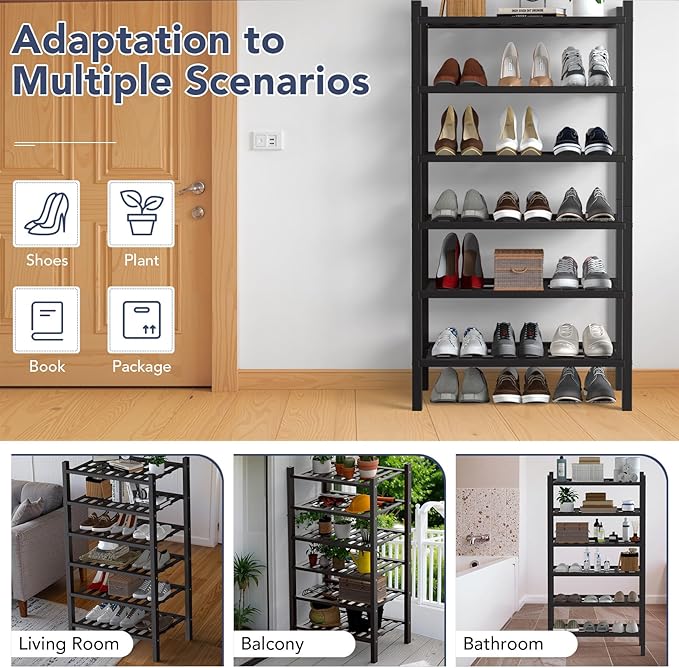 Haddockway Small 6 Tier Bamboo Shoe Rack Storage Organizer,Multifunctional Free Standing Stackable Shoe Shelf with Grid Panel for Closet,Hallway,Entryway,Small Space 18"x11"x34"