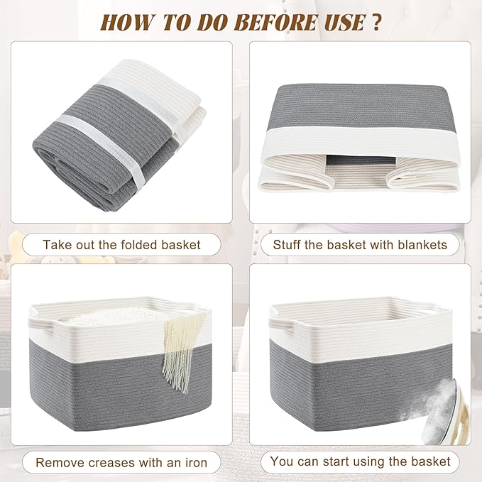 Large Blanket Basket, 60L Storage Baskets for Organizing, Woven Laundry Basket for Blankets, Cotton rope Blanket Storage for Living Room, Nursery Room, 19.7" L x 15.74" W x 11.8" H, Gray