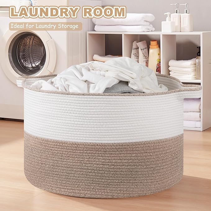 XXL Large Blanket Basket with Handles, 105L Woven Storage Basket for Living Room, Cotton Rope Baby Toy Storage for Clothes, Pillows, Towels-Brown & White