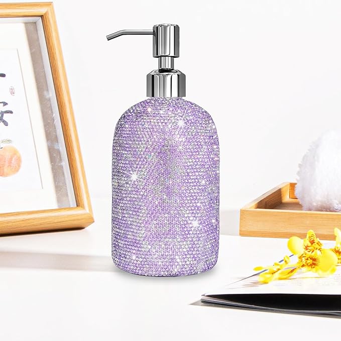 SlowVibes 18Oz Bling Purple Glass Soap Dispenser With Rust Proof Stainless Steel Pump,Refillable Liquid Hand Wash Bottle For Bathroom Kitchen,Sparkle Decorative Rhinestone Shower Lotion Dish Dispenser