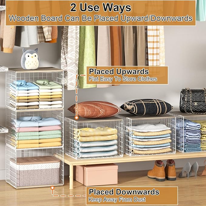 Closet Organizers And Storage Shelf, 3Pack Stackable Closet Storage Bin Basket For Clothes Sweaters With Top Board, Widened Opening, Heightened Height, Large Capacity Sturdy Clothing Storage Organizer
