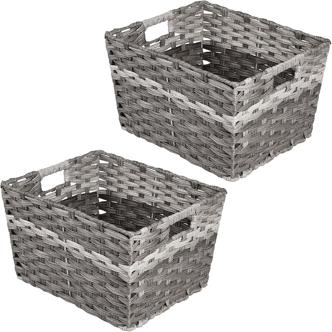 mDesign Wide Rectangular Woven Braided Rope Home Storage Baskets with Handles - for Organizing Closet, Bedroom, Bathroom, Living Room, Entryway, Office - 8.25" High, 2 Pack - Gray