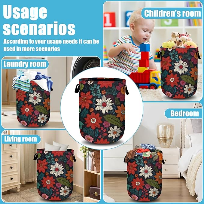 Colorful Flowers Leaves Laundry Basket, Laundry Hamper Collapsible Oxford Cloth with Handle Clothes Toy Storage Bin for Bathroom Laundry Room Bedroom 15.7 X 20 Inch