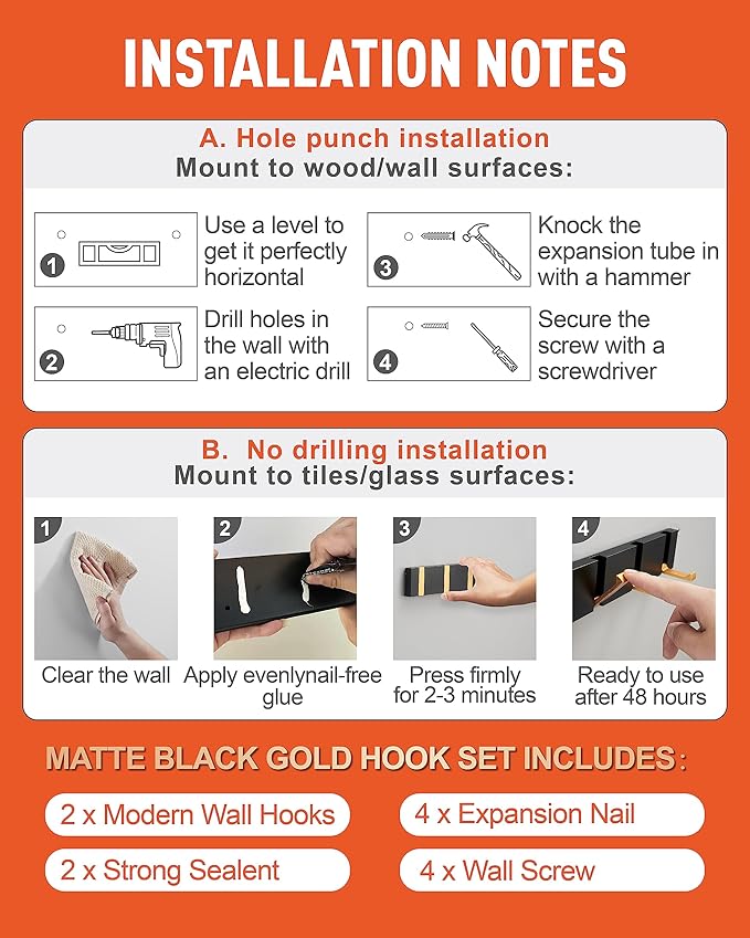Black Gold Waterproof Wall Hooks - 2 Pack, Foldable Towel Hooks for Bathrooms, Coat Hooks Wall Mounted - Versatile Hooks for Bathroom, Kitchen, Balcony Décor