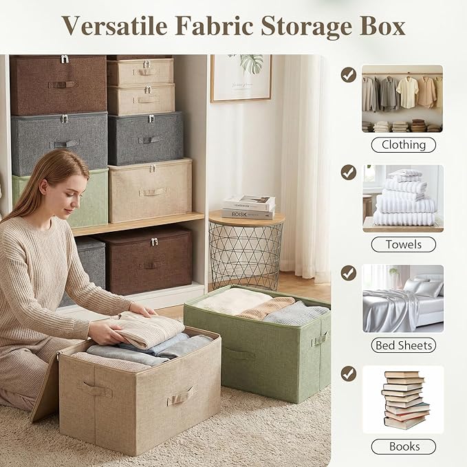 ANMINY Storage Bins with Zipper Lids 51.9 Qt Lidded Fabric Storage Boxes Baskets Cubes with Handles Collapsible Washable Cotton Linen Closet Shelf Clothes Organizer - Beige, Extra Large