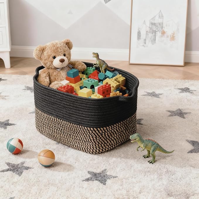 Storage Basket,Cotton Rope Woven Baskets for Organizing,Medium Soft Basket for Toys,Nursery,Bedroom, Gift Baskets for Home Decor,14"Ã11"Ã10",Black-Brown