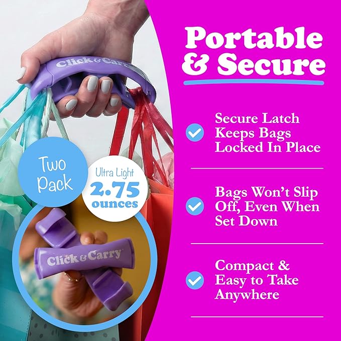 Click & Carry Grocery Bag Carrier Handle - Carry More in Fewer Trips, 100lb Capacity, Hands-Free, Gel-Padded Ergonomic Design, Shopping & Grocery Bag Holder - As Seen On Shark Tank, Purple, 2 Pack