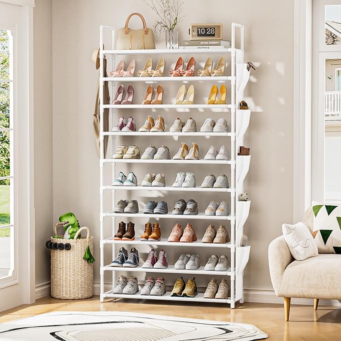Tall Shoe Rack 10 Tier Shoe Racks Organizer for Closet 40-45Pairs,Large Capacity Storage Rack for Shoes with 5Hooks,Sturdy Metal Shoe Shelf, Vertical Shoe Stand Tower