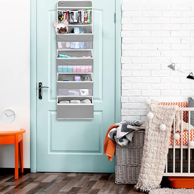NesTidy Over The Door Organizer Storage, Wall Mount Hanging Organizer with 4 Large Capacity Pocket Organizers and 3 Small Pockets for Baby Essentials, Toys, Cosmetics, and Sundries (Grey, 1 Pack)