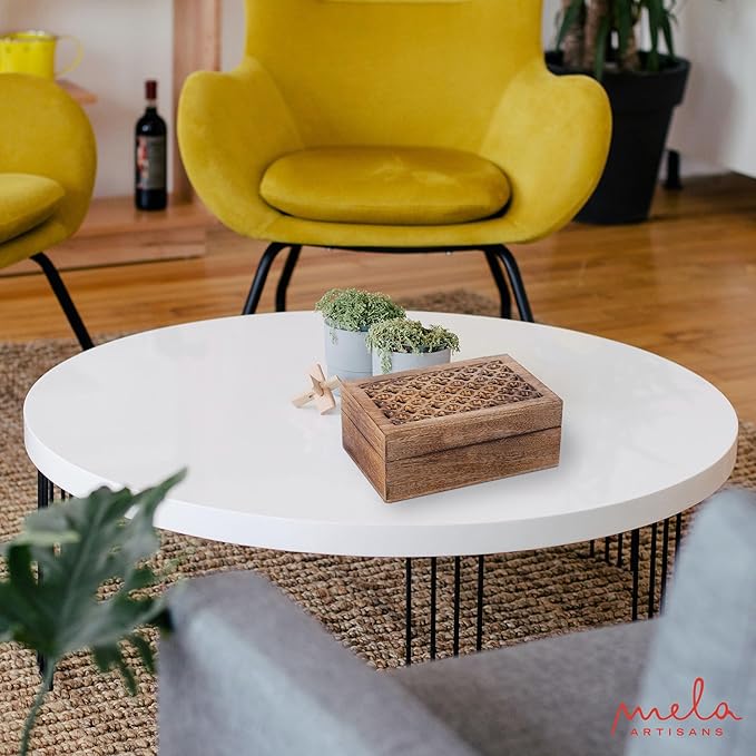 Mela Artisans Large Wooden Keepsake Box | Medium Burnt Memory & Decorative Storage Box for Jewelry, Photos & Trinkets with Hinged Lid | Vintage Storage Box |Trellis Design | 9 x 6 x 3.5