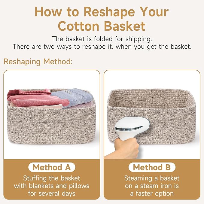 3-Pack Storage Baskets for Organizing | Woven Shelf Toy Basket | Rope Baskets for Gifts Empty | Closet Organizer Bins with Handles | Cube Decorative Box | 13.7×7.1×6.7” | Brown
