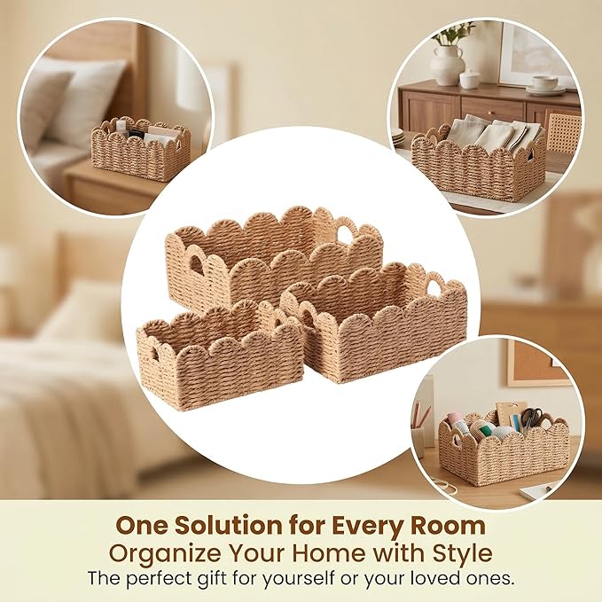 Scalloped Wicker Baskets, Set of 3 Hand-Woven Storage Baskets with Handles - Paper Rope Shelf Organizers & Decorative Baskets for Shelves, Closet, Bathroom (Tanï¼