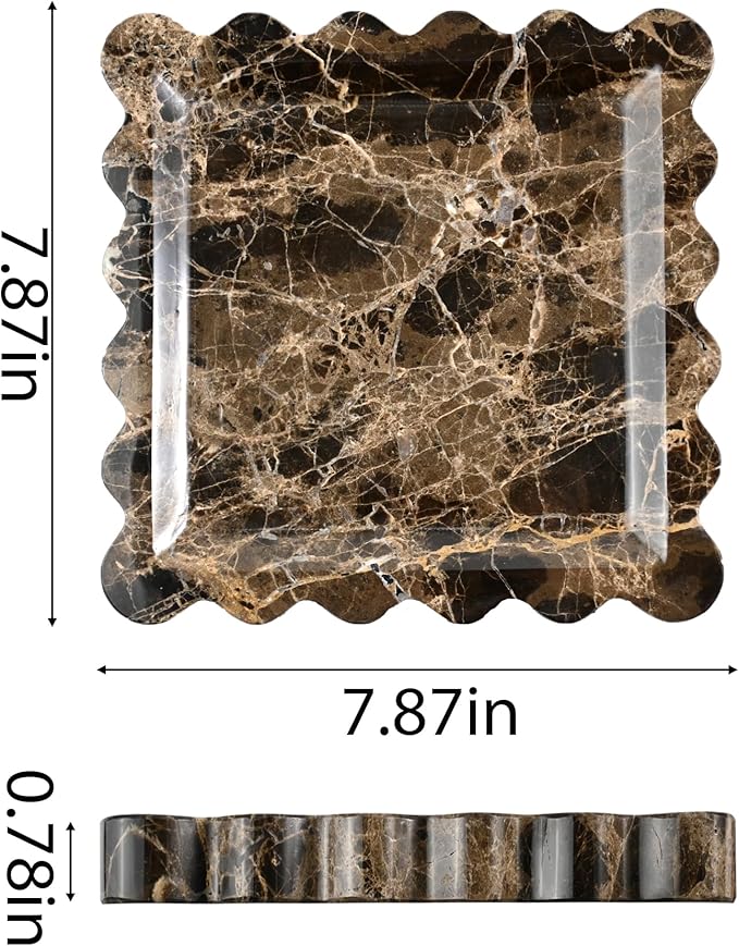 Elegant Square Marble Decorative Tray with Scalloped Edge Natural Stone Vanity Tray Organizer for Counter, Vanity, Dresser, Nightstand, Bathroom & Kitchen Sink(Dark Brown Net)