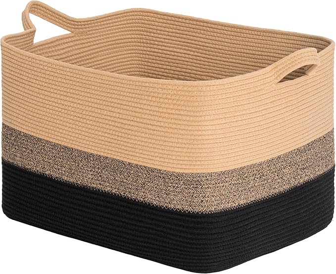 CLHMILY&Z Stylish Square Cotton Rope Storage Basket (Black & Camel, 85L)