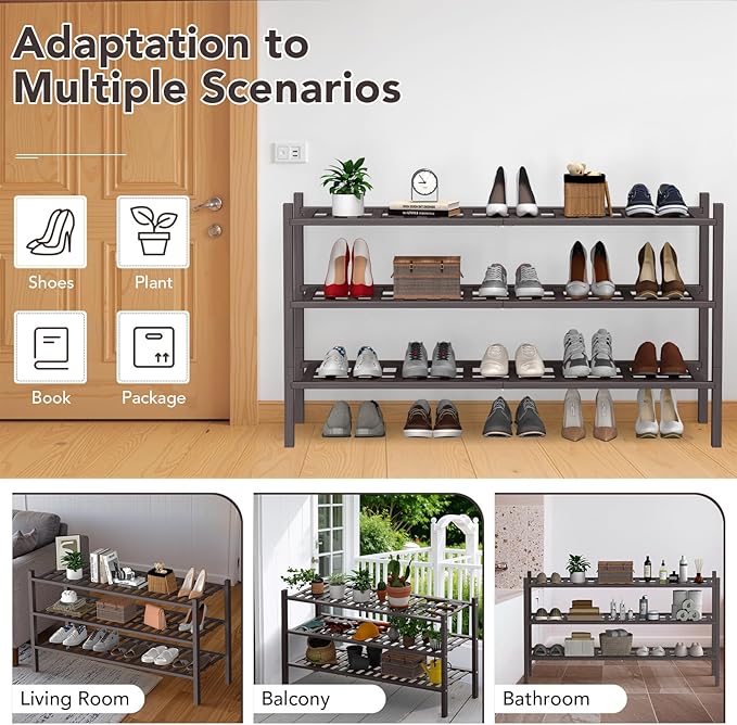 Haddockway Long 3 Tier Bamboo Shoe Rack Storage Organizer,Multifunctional Free Standing Stackable Shoe Shelf with Grid Panel for Closet,Hallway,Entryway,Small Space 34.2"x11"x20"