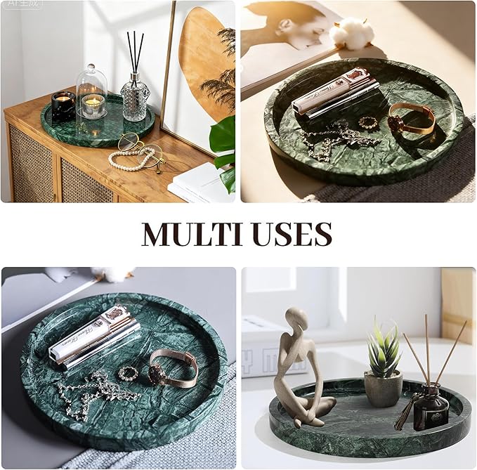 Natural Marble Tray, Round Green Tray for Bedroom/Bathroom/Kitchen/Vanity Countertop, Jewelry Tray for Rings Earrings Necklace Bracelet Watch, Room Decor Aesthetic
