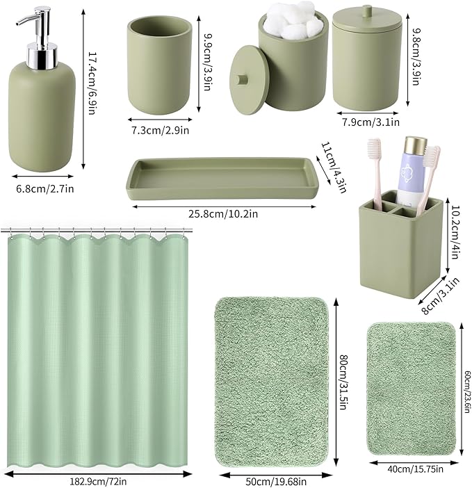Sage Green Bathroom Accessories Set with Shower Curtain and Mats, 21 Pcs Resin Toothbrush Holder Sets with Holder and Lotion Soap Dispenser,Bathroom Countertop Organizer Set for Home Apartment