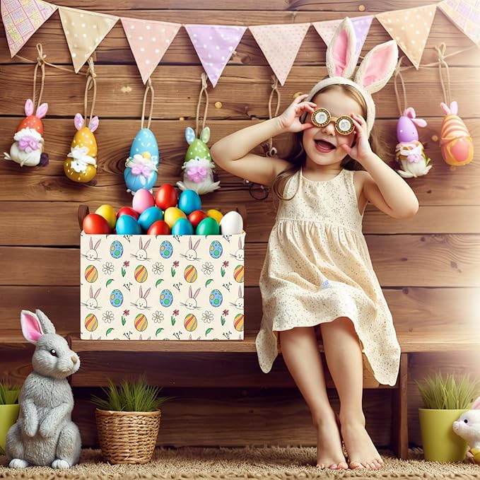 Large Cute Easter Basket for Kid Empty Gift Baby Rectangle Storage Bin Bunny Eggs Boy&Girl Room Décor (Egg Rabbit Flower)