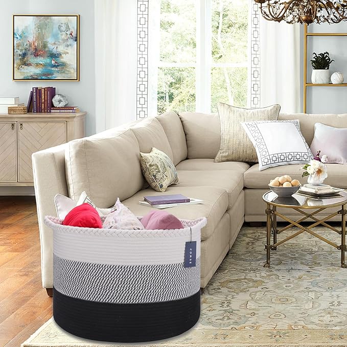 COMSE Extra Large Blanket Basket, Woven Laundry Basket, 21.7âx 13.8â, Nursery Hamper, Cotton Rope Laundry Hamper Living Room for Storage Toys Clothes Towels (White &Gray &Black)