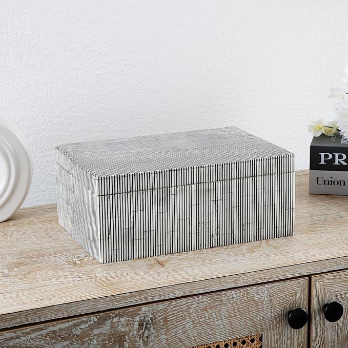 Handicrafts Home Large Decorative Storage Box with Lid – 12X8X5” Coffee Table Organizer, Keepsake- Decorative Boxes for Home Decor, Stylish Decorative Box for Office Decor-Striped-Black