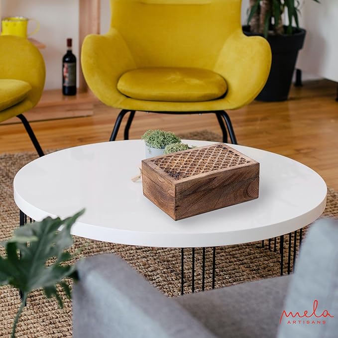 Mela Artisans Extra Large Wooden Keepsake Box | Medium Burnt & Handcrafted Decorative Storage Chest for Jewelry, Photos & Trinkets | Vintage Style Storage Box| Trellis Design | 10.5x7.5x4