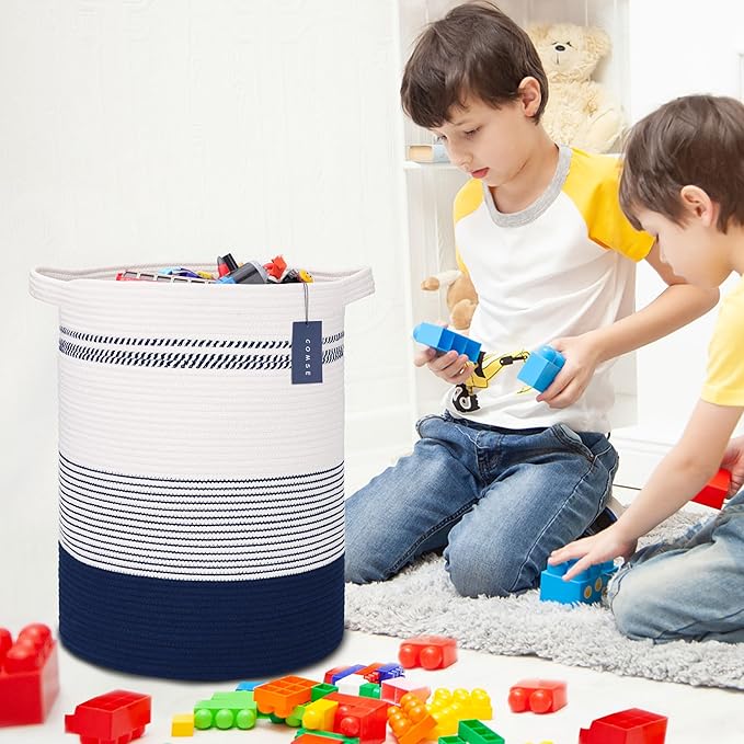 COMSE Extra Large Blanket Basket, Tall Laundry Basket, Nursery Hamper, 15.7âx 21.7â, Cotton Rope Woven Laundry Hamper for Storage Toys Clothes Towels, Navy Blue & White