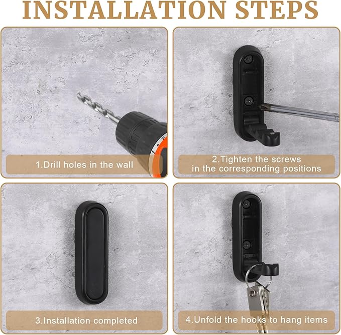 4PCS Invisible Folding Wall Hooks, Coat Rack Wall Mount, Foldable Clothes Hooks Can be Installed in Closets, Bedrooms, Bathrooms, Living Rooms, for Hanging Towels, Hats, Backpacks(Black)