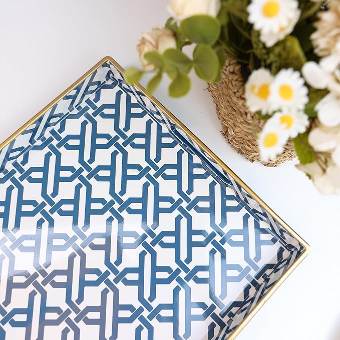 Spsyrine White Serving Tray, Plastic Marbling Tray for Coffee Table, Stylish Rectangular Decorative Tray with Handles, Ottoman Tray for Living Room, Bathroom, 15.6â X 10.2"