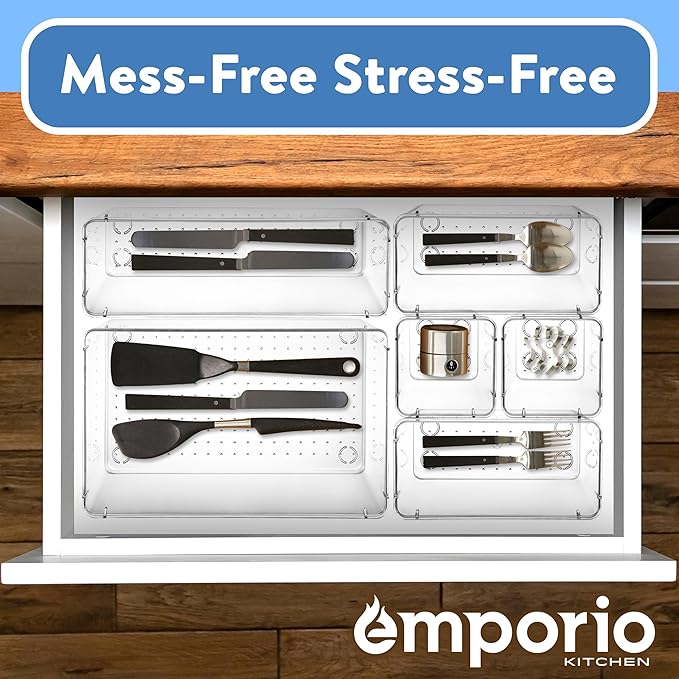 Drawer Organizer Set - Includes 1-piece 9x6" bins, 2-piece 9x3" bins, 6-piece 6x3" Bins, 6-piece 3x3" Bins, Stackable 4 Size Storage Trays for Makeup, Kitchen, and Office, Pack of 15