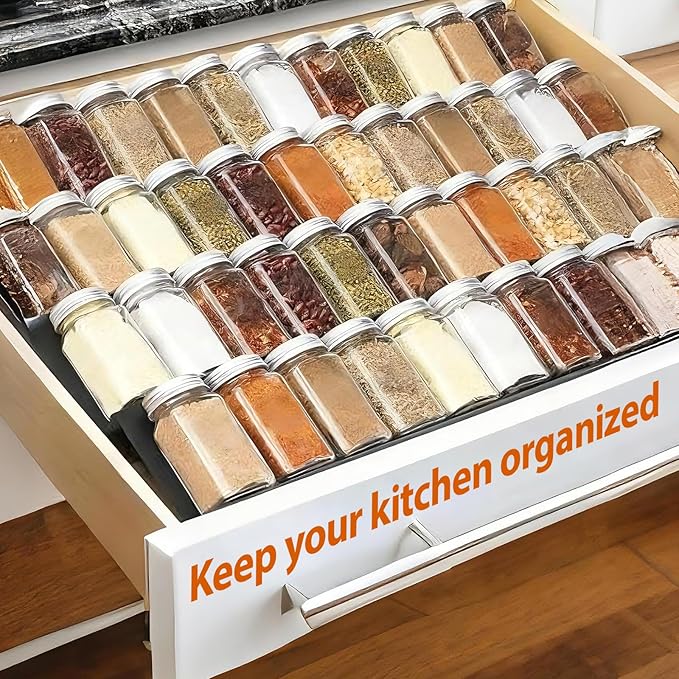 Spice Drawer Organizer, 4 Tier- 6 Pack Drawer Seasoning Organizers, Kitchen Spice Rack Tray Expandable From 12" to 24", Black Spice Rack Insert for Cabinet Countertop(Jars Not Included)