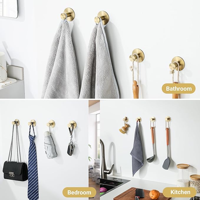 SAYAYO Self Adhesive Hooks for Hanging, Brushed Gold Towel Hook for Bathrooms Coat Hooks Wall Mount, Stick on Hook SUS304 Stainless Steel, 4pcs