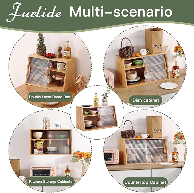 Wooden Countertop Storage, Small Bamboo Kitchen Pantry Sideboard with 2 Glass Sliding Door, Pantry Storage Cabinet for Kitchen, Living Room, Dinning Area and Bathroom, Wood