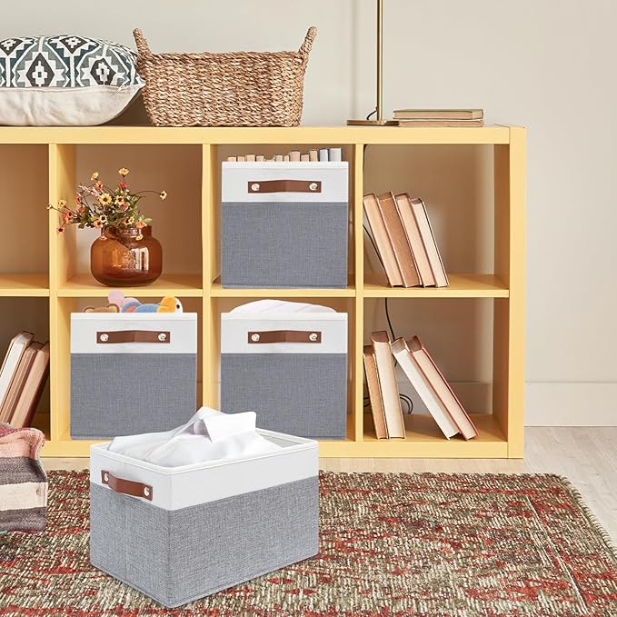 6 Pack Large Fabric Storage Baskets for Shelves , Closet Storage Bins for Shelves, Fabric Baskets for Organizing with Handles for Home organization and Storage (White with Grey,15"L*13"W*13"H)