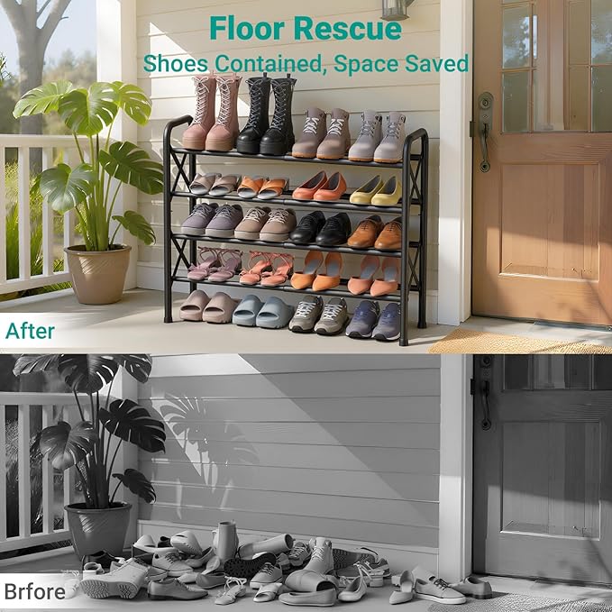 4-Tier Expandable Shoe Rack for Closet Floor, X-Frame Metal Small Shoe Rack for Entryway, Adjustable Shoe Shelf Organizer, Free Standing Shoe Racks for Front Door Entrance, Garage - Black