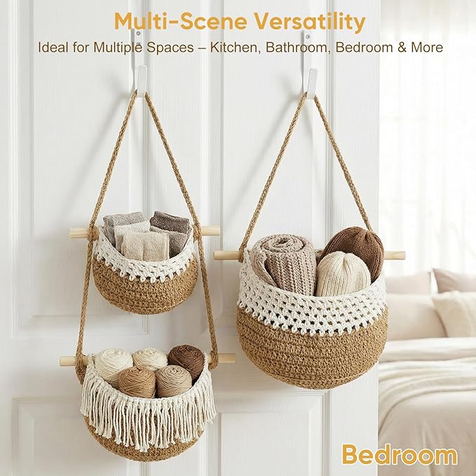 Boho Style Handwoven Rope Hanging Basket - 3-Tier Detachable Storage Organizer for Kitchen/Bathroom/Entryway, 3 Included Heavy-Duty Hooks, 7 Color Options Available (Blue)