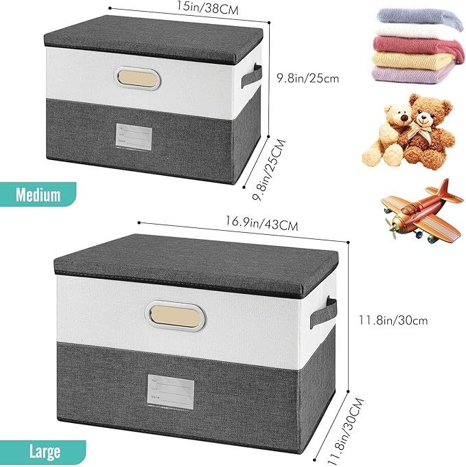 Large Linen Fabric Foldable Storage Bins with Removable Lid and Handles, Washable Storage Box Organizer Containers Baskets Cube with Cover for Bedroom,Closet,Office (Turquoise&Cream, Large)