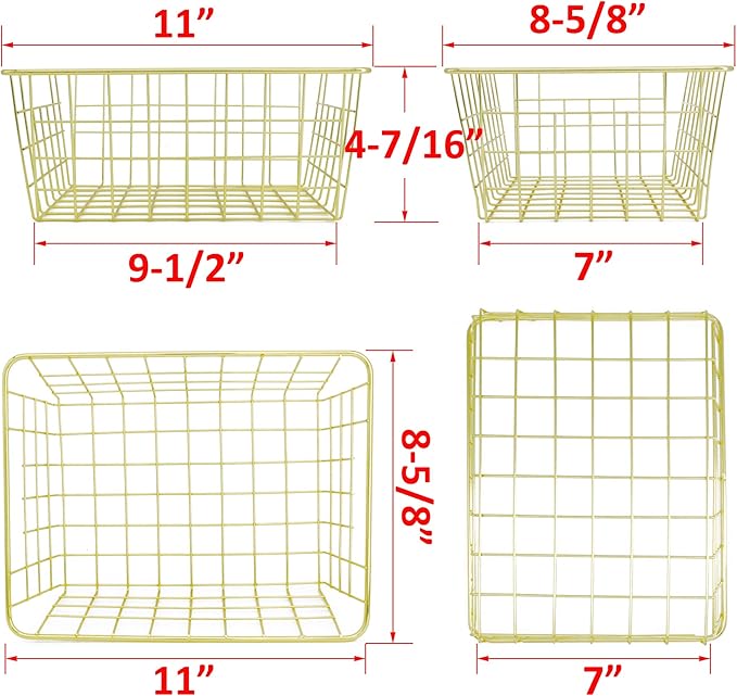 Sturdy Small Wire Storage Basket for Kitchen Food, Pantry Papers, Home Office Desk and Shelf, Bathroom Laundry Room, Bedroom, Silver, Gold