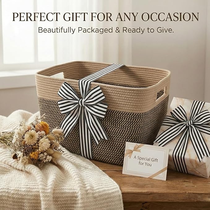 Woven Blanket Basket,65L Large Storage Bin for Blankets Toys Clothes,Decorative Rope Basket for Living Room Bedroom with Handles, Jute&Black