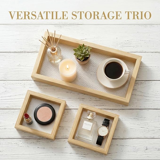 Bathroom Vanity Tray Set 3 - Wooden Decorative Tray for Toilet Tank, and Coffee Table Organizer, Wood Color