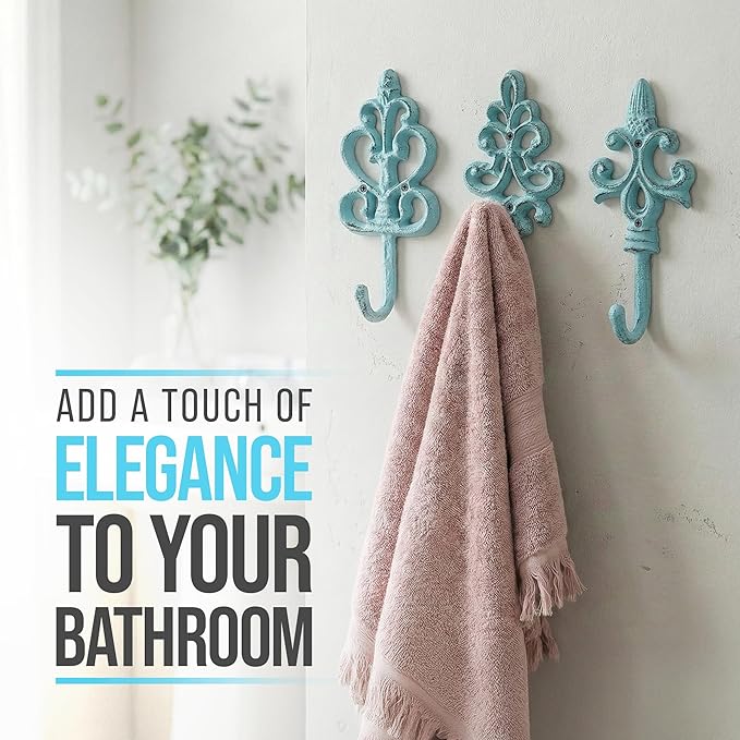 Comfify Shabby Chic Decorative Wall Hooks - Set of 3 - Cast Iron French Country Wall Decor - Farmhouse Hangers for Coats, Purses and More - Blue