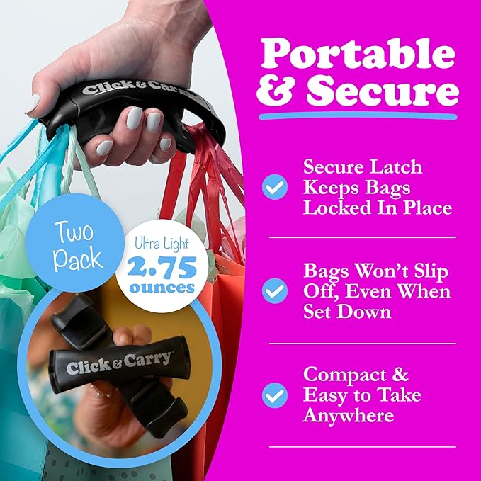 Click & Carry Grocery Bag Carrier Handle - Carry More in Fewer Trips, 100lb Capacity, Hands-Free, Gel-Padded Ergonomic Design, Shopping & Grocery Bag Holder - As Seen On Shark Tank, Black, 2 Pack