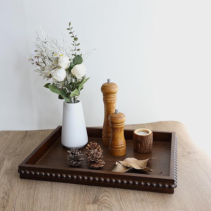Wood Decorative Tray, Distressed Outdoor Serving Tray with Wooden Bead for Ottoman, Coffee Table, Entertaining, Home Decor, Rectangular 15.7â*11.8â*1.57â (Dark Brown)