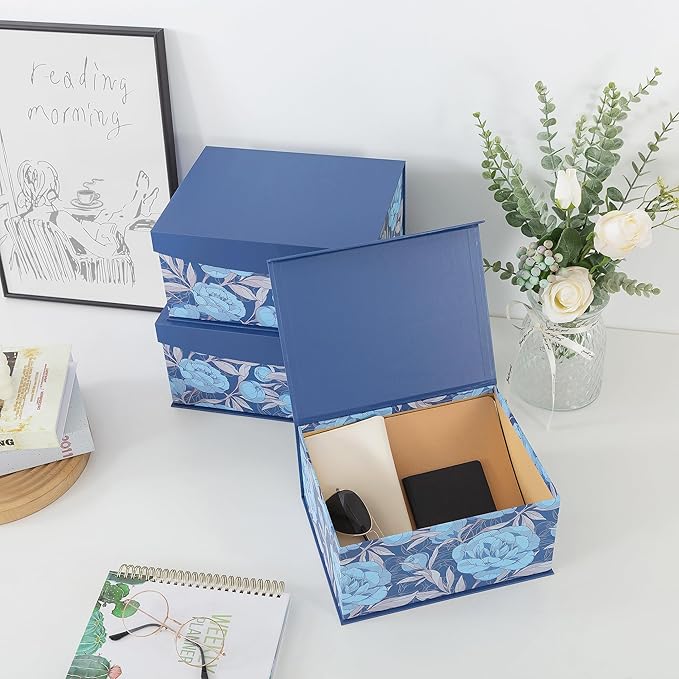 Soul & Lane Decorative Storage Boxes with Magnetic Closure, Set of 3 Memory Keepsake Boxes with Lids, Cardboard Storage for Gifts, Organizing, and Home Décor, Manor Blue
