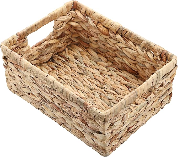 Wicker Basket for Shelf Water Hyacinth Storage Baskets with Built-in Handles Handwoven Natural Basket Bin for Bathroom Kitchen Home Decor,12 x 9 x 5 inches