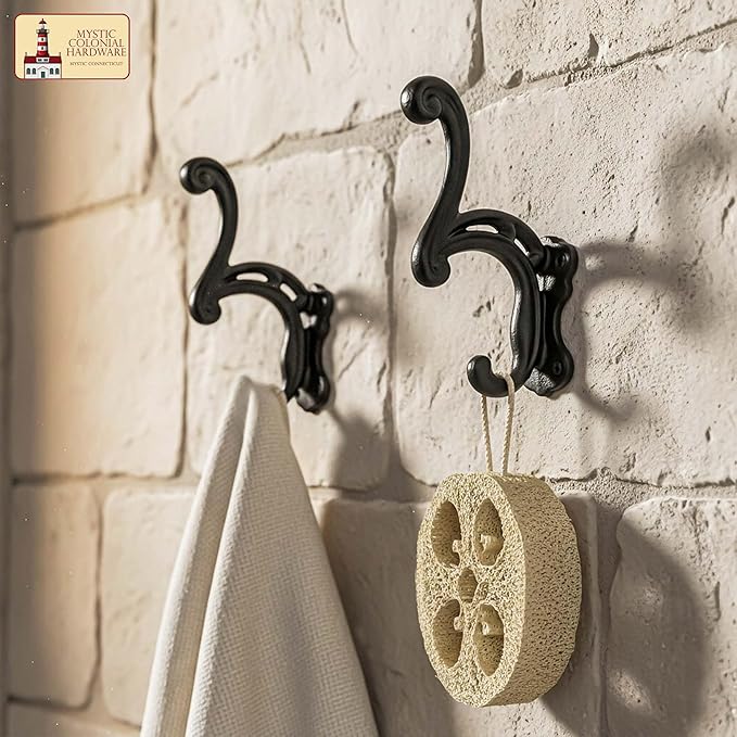 Mystic Colonial Rustic Cast Iron Wall Hooks, Heavy Duty Coat Hooks for Coat, Bag, Towel, Hat & Robe, Mounting Hardware Included, Black, Pack of 10